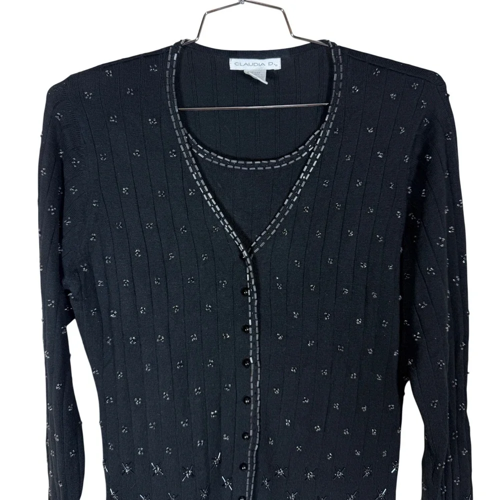 Claudia D Womens Black Beaded Ribbed Cardigan Top Vintage L
